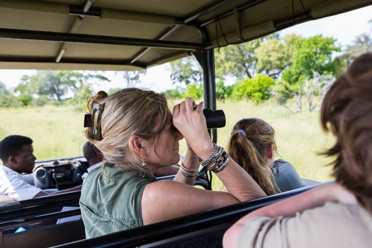 adult woman using binoculars in safari vehicle, Botswana