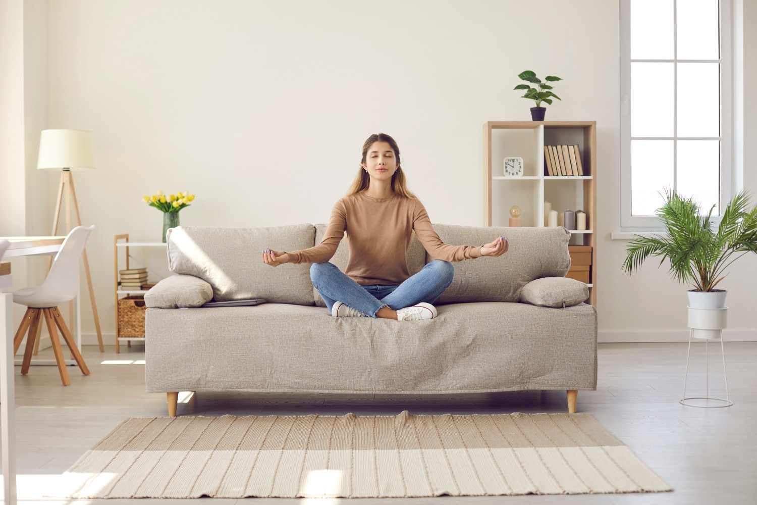 woman meditation living room