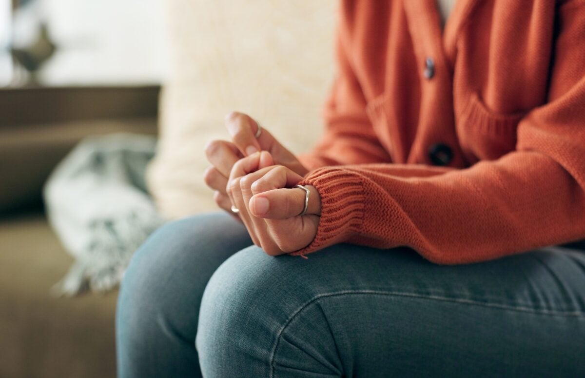 woman on sofa for mental health, depression or counselling session