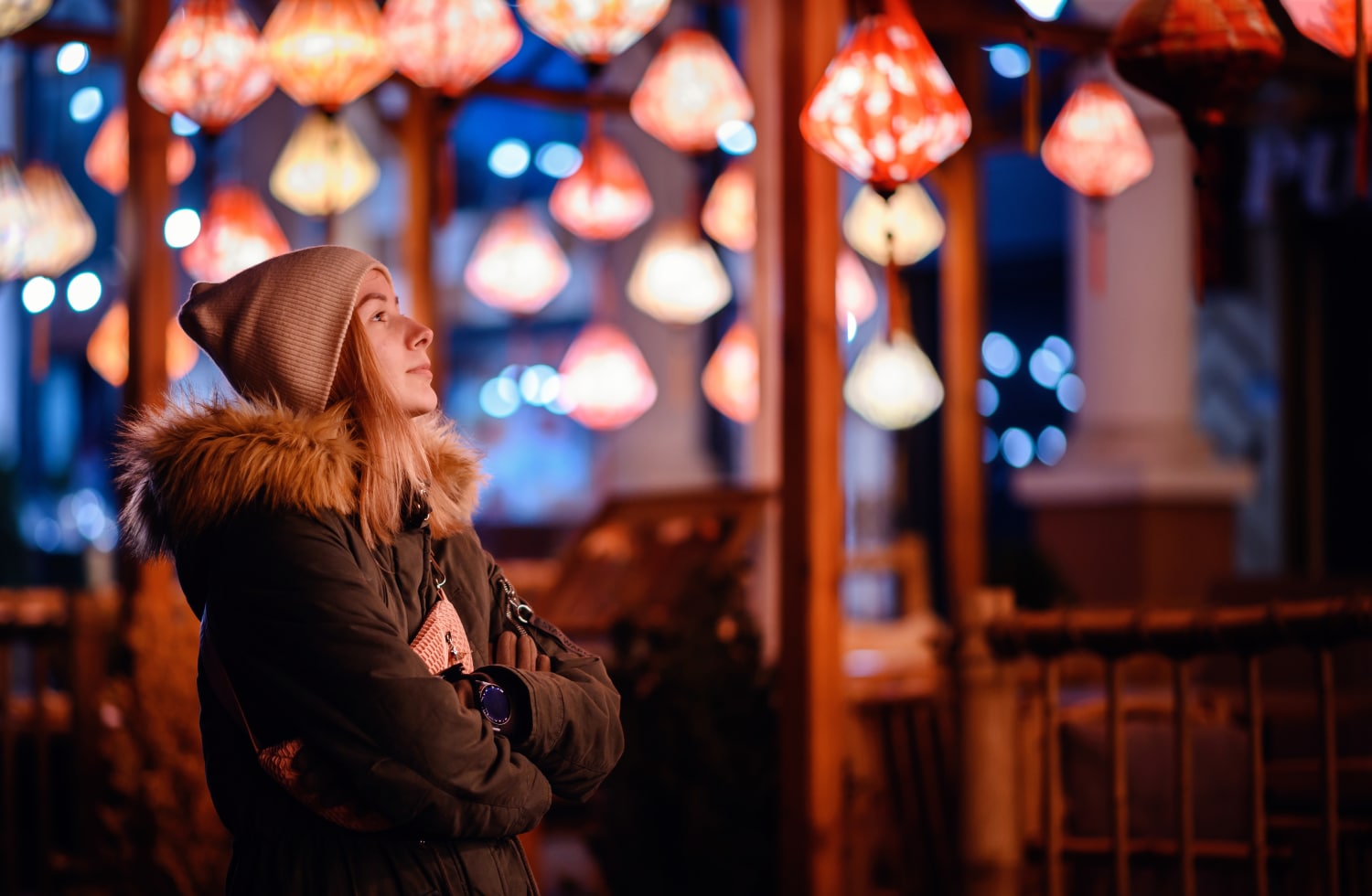 woman staring ahead, concept of stillness, holiday season